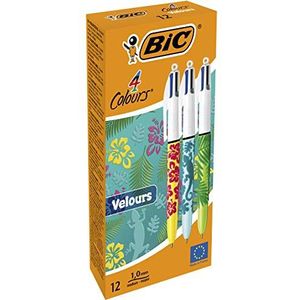 BIC 4 Colours Velours Balpennen Medium Punt (1,0 mm) - Lichaam met verschillende Jungle decors, Doos van 12 Stuks