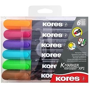 Kores - K-Marker XP1: Gekleurde permanente markeerstiften, ronde punt met watervaste en geurarme inkt, voor alle oppervlakken, enkele verpakking met 6 gekleurde stiften