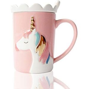 BigNoseDeer Leuke mokken keramische eenhoorn mok grappige koffiemok unieke melk thee kopjes met kant deksel en lepel voor kinderen, vrouwen, meisjes (roze)