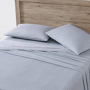 Eddie Bauer Home Collectie Katoen Percale Beddengoed Set, Crisp & Cool, Stijlvol Home Decor, Vol, Ticking Stripe Lichtblauw/Denim Blauw