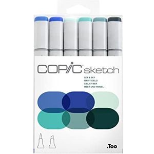 COPIC Sketch Marker Set ""Sea & Sky"" met 6 kleuren, professionele penseelstiften op alcoholbasis met een flexibele en een medium brede punt.