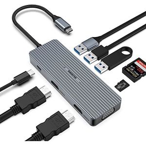 Oberster USB C Hub Dual HDMI-adapter, 9-in-1 Triple Display Docking Station 4K HDMI met VGA, 100W PD, USB 3.0/2.0 en TF/SD-kaart compatibel met MacBook en Windows