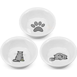 Navaris voerbakjes voor katten - Set van 3 voer- en waterbakken - Etensbak van porselein - Met katten ontwerp - Wit