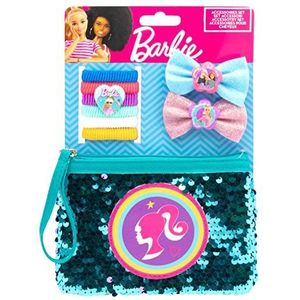 Joy Toy - Barbie set met 6 vlechthouders, 2 haarspelden met glittermazen en magische pailletten-beautytasje op bakkerkaart 14,5 x 2 x 21 cm