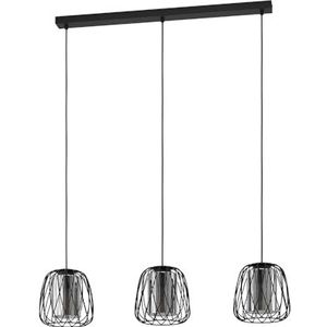 EGLO Hanglamp Floresta, 3-lichts pendellamp, eettafellamp van metaal in zwart en rookglas in zwart-transparant, lamp hangend voor woonkamer, E27 fitting