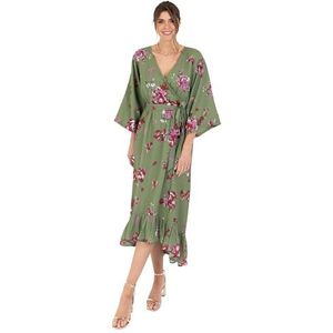 Lovedrobe Dames maxi-jurk V-hals kimono halve mouw wrap voorkant hoge lage zoom abstracte bloemenprint taille stropdas A-lijn dames, Groen, 40