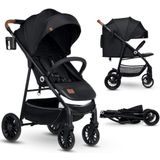 LIONELO Zoey kinderwagen, buggy, tot 15 kg, XXL-afdekking met zonwering, kap met UPF 50+ filter, ligpositie, voetsteunverstelling, EVA-schuimwielen, muggennet, inklapbaar (Zwart)