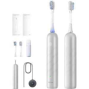 Mova Fresh Pro 3DClean-elektrische tandenborstel met app, oplaadbare elektrische tandenborstel voor volwassenen, 2 borstelkoppen en reisetui,3-in-1vervangende borstelkop met houder, matzilver