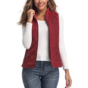 LONGKING Gewatteerd vest voor dames, opstaande kraag, lichtgewicht gewatteerde gilet met ritssluiting, wijnrood, S