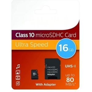 MicroSD, 16 GB, klasse 10, met adapter, ideaal voor het opslaan van foto's, video's en gegevens op elektronische apparaten.