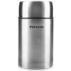 Pioneer Flasks HTH1000 Thermo-Voedselcontainer, 1 l, Roestvrij Staal Dubbelwandig Isolerend, 8 uur Warm, 24 uur Koel, BPA-Vrij, Geborsteld Staal