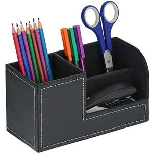 Relaxdays bureau organizer, pennenbak 3 vakken, kunstleer, HxBxD: 11 x 20 x 9,5 cm, make up, kantoor, zwart