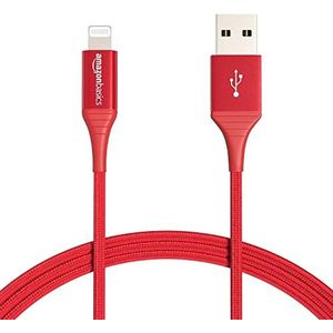 Amazon Basics Verbindingskabel USB-A naar Lightning, nylon omvlochten, MFi-gecertificeerde oplaadkabel voor iPhone, rood, 0,9 m
