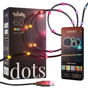 Twinkly Dots �– App-gestuurde Flexibele LED Lichtsnoer met 60 RGB (16 Miljoen Kleuren) LED's. 3 Meter. Zwarte Draad. USB-gevoed. Binnen Smart Home Verlichting Decoratie