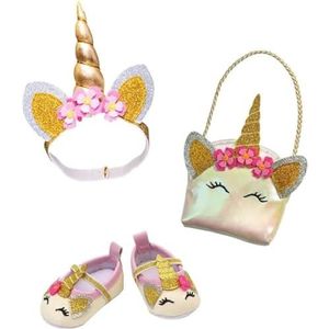 Heless 2311 - Poppenaccessoires in glitter unicorn design, 3-delige accessoireset met ballerina's, tas en haarband voor poppen en knuffels maat 30-34 cm