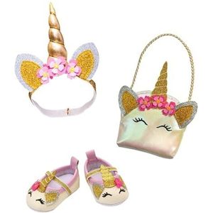 Heless 2311 - Poppenaccessoires in glitter unicorn design, 3-delige accessoireset met ballerina's, tas en haarband voor poppen en knuffels maat 30-34 cm