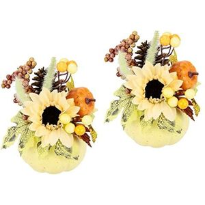 Arrangement van kunstzonnebloem, bessen, pompoen, kunstbloemen, decoratieve herfstdecoratie, zijdebloemen, bloemstukken, tafeldecoratie, Halloween gedecoreerde pompoen, zomerstuk