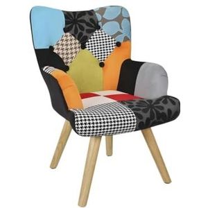 Home Deco Factory, Helsinki-stoel voor kinderen, Scandinavische stijl, patchwork-stof, poten van beukenhout, volledige en gebogen rugleuning, comfortabel en elegant, meerkleurig, 59 x 70 x 72 cm
