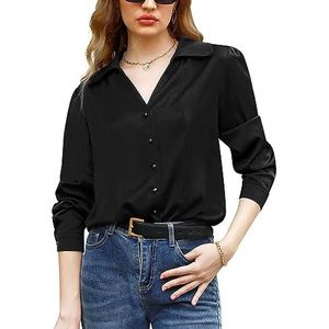 Irevial Dames satijn vintage V-hals blouse elegant lange mouwen casual bovenstuk hemd losse lange mouwen tops, zwart, M