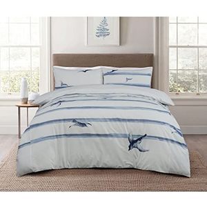 Sleepdown Coastal Birds Waves Wit Blauw 100% Katoen Plain Reverse Dekbedovertrek Quilt Kussensloop Beddengoed Set Zacht Gemakkelijk Verzorging - Dubbel (200 cm x 200 cm)