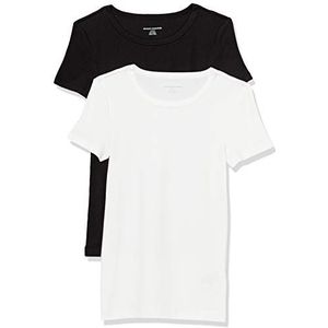 Amazon Essentials Women's T-shirt met korte mouwen en ronde hals in slanke pasvorm, Pack of 2, Zwart/Wit, M
