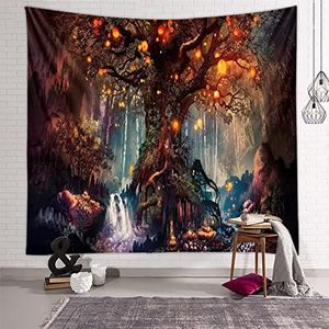 Zodight Wanddoek levensboom, psychedelisch bos, sprookje, elfen,waterval, onder een eeuwenoude betoverde boom, voor slaapkamer, studentenkamer, huis