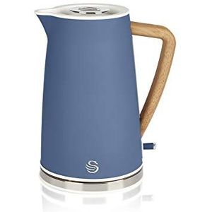 Swan Nordic Ultra Elektrische waterkoker, draadloos, draadloos, modern design, 1,7 l, 2200 W, handvat in houtlook, automatische uitschakeling, mat blauw