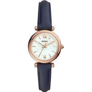 Fossil Carlie Mini horloge voor dames, Quartz uurwerk met roestvrij stalen of leren band, Blauw en roségoudkleur