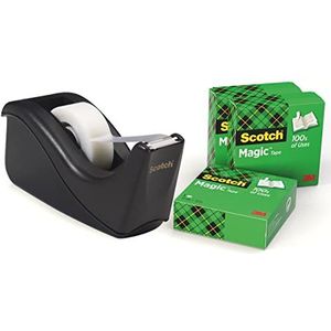 Scotch C60 Magic Tape Dispenser met Scotch Magic Tape 19mm x 33m (4 rollen) - Zwart