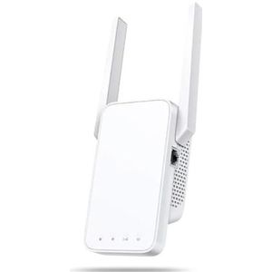 AC1200 dual-band draadloze repeater met WPS-knop, 2 buitenantennes en wit oppervlak. Ideaal voor het uitbreiden van de stroomafdekking.