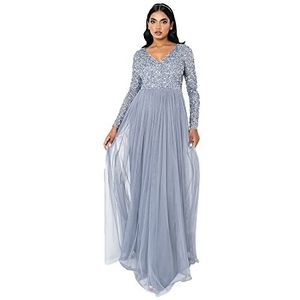 Maya Deluxe Damesjurk met mouwen voor bruiloftsgast, V-hals, hoge empire-taille, maxi, lange lengte, avondfeest, bruidsmeisje, gala, Dusty Blauw, 52