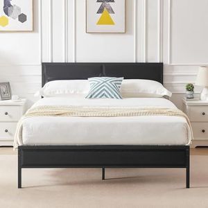 VECELO Bedframe 140 x 190 cm, met houten kop, metalen platformlattenbodem, met stevige lattenhouder en opbergruimte, eenvoudige montage, zwart