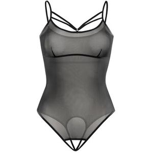 Teyli Bodysuit voor dames, body ouvert tanga, mesh top, body voor dames, van fijn mesh met verstelbare bandjes, zwart, zwart, S-M