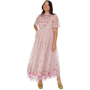 Maya Deluxe Midaxi-jurk voor dames, korte mouwen, ruches, hoge hals, geborduurde A-lijn voor bruiloft, gast, gelegenheid, baljurk, Frosted Roze, 52