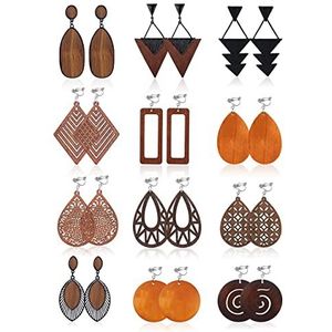 Roheafer 12 paar houten oorbellen met clip voor dames, oorbellen van natuurlijk Afrikaans hout, lichte oorbellen, etnische oorbellen, Hout