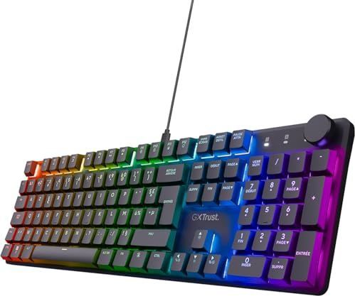Trust Gaming GXT 866 Torix mechanisch toetsenbord, AZERTY, Frans, lineaire Huano-schakelaars, RGB-verlichting, anti-ghosting N-Key Rollover USB, programmeerbaar gamer-toetsenbord, laptop, zwart