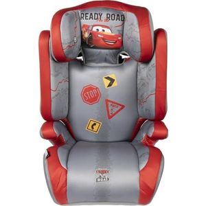 Disney Autostoel Cars voor de veiligheid van kinderen met een hoogte van 100 tot 150 cm met Lightning McQueen afbeeldingen op rode en grijze achtergrond