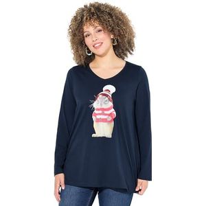 Ulla Popken Dames grote maten grote maten plus size kerstshirt, eekhoorn, V-hals, lange mouwen, marineblauw, 42-44