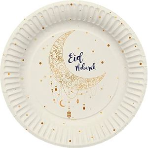 Folat Eid Mubarak Ramadan decoratie - borden papier goud wit 26 cm 8 stuks - Eid decoratie ster maan accessoires Ramadan