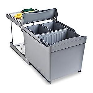 Emuca - Afvalbakken voor recycling voor keuken, 1 x 16L + 2 x 7,5L, bodembevestiging, automatische afzuiging, kunststof, grijs