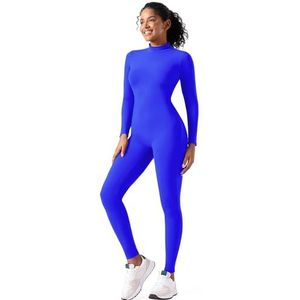 speerise Jumpsuit, voor dames, pakje uit één stuk, bodycon, met hoge halslijn, ritssluiting, volledige lengte, voor volwassenen, Royal Blauw, M