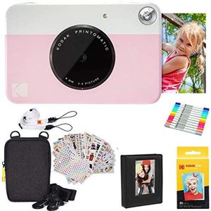 KODAK Printomatic Instant Camera (roze) geschenkbundel + Zink Papier (20 vellen) + Deluxe Case + 7 leuke stickersets + Twin Tip Markers + fotoalbum + hangende lijsten.