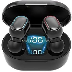 KASSTPO Bluetooth hoofdtelefoon, in-ear hoofdtelefoon met microfoon, hifi-stereo, toetsbediening, led-display, IP7 waterdicht, bluetooth-oordopjes voor werk en studie, zwart