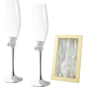 DRW Champagneglazen van glas met zilveren bodem met vlinderetui, 27 x 7 cm