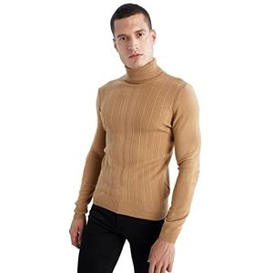 DeFacto Heren gebreide trui met lange mouwen ronde hals sweater - slim fit trui voor heren tops (BEIGE Melange, XS), beige melange, XS