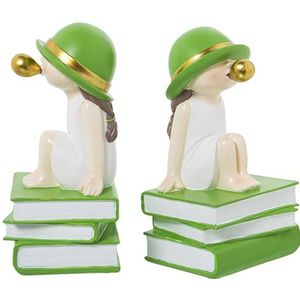 Set van 2 boekensteunen voor meisjes met kauwgom van hars in wit en groen, 11 x 9 x 19 cm
