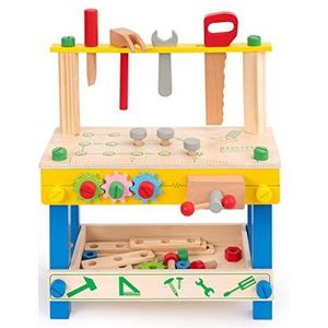 ROBUD Soild houten gereedschapsstandaard set voor peuters en kinderen, houten werkbank speelgoed verjaardag voor jongens meisjes vanaf 3 jaar