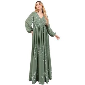Maya Deluxe Dames Dames Dames V-hals Lange Blouson Sleeve Sequin Versierd Empire A-lijn Wedding Guest Bruidsmeisje Prom Jurk, Deep Mint, 38