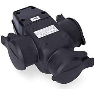 Drievoudige rubberen contactdoos T/TL 16A IP44 met veiligheidskappen: robuust en betrouwbaar, ideaal voor ruwe omstandigheden en je elektrische veiligheid. Perfect voor buiten.