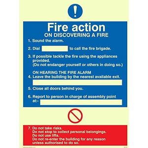 Viking Signs MF325-A3P-PV ""Fire Action On Discovering A Fire"" Teken, Sticker, Foto luminescent, 400 mm H x 300 mm W